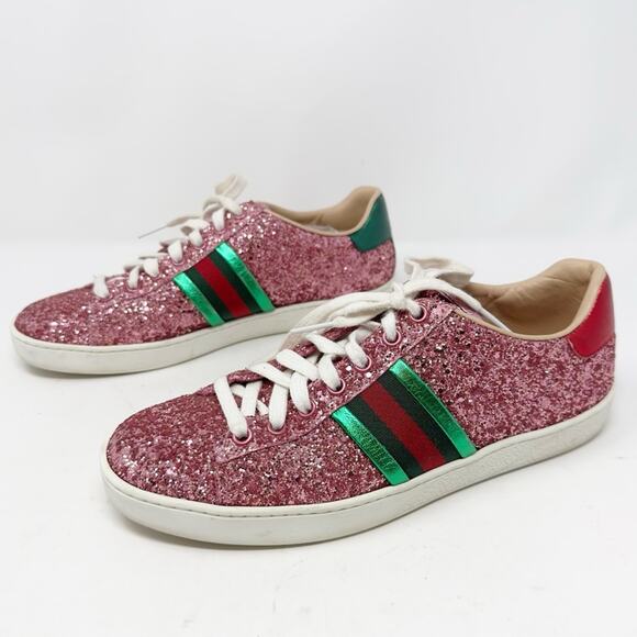 Gucci Shoes - Gucci Ace Web Stripe Pink Glitter Low Top Sneakers